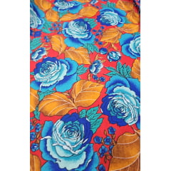 Chitão Estampado Fundo Vermelho com Flores Azul e Laranja