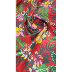 Chitão Estampado Fundo Vermelho Flores Amarelo e Rosa 40A