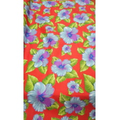 Chitão Estampado Fundo Vermelho Flores Azuis STC
