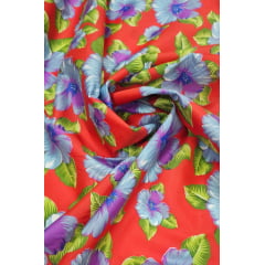 Chitão Estampado Fundo Vermelho Flores Azuis STC