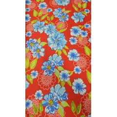 Chitão Estampado Fundo Vermelho Flores Azul Turquesa STC