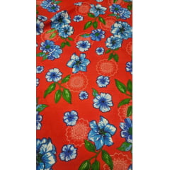 Chitão Estampado Fundo Vermelho Flores Azul Turquesa STC