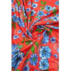 Chitão Estampado Fundo Vermelho Flores Azul Turquesa STC
