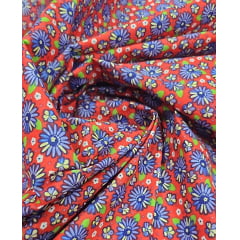 Chitão Estampado Fundo Vermelho Mini Margaridas Azul