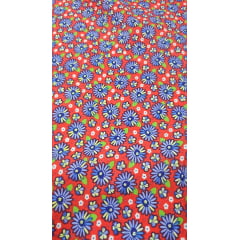 Chitão Estampado Fundo Vermelho Mini Margaridas Azul
