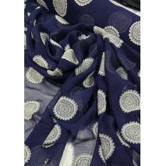 Crepe Georgete de Seda Pura Bordado Azul Marinho