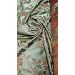 Jacquard Gobelem de Viscose Dupla Face Calux  Listrado Terracota com Floral Verde