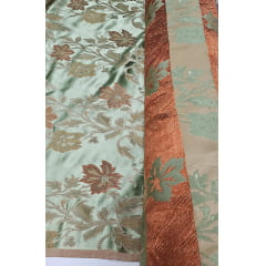 Jacquard Gobelem de Viscose Dupla Face Calux  Listrado Terracota com Floral Verde