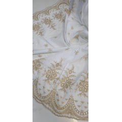 Layse Barrada dos 2 Lados Bicolor Fundo Branco e Bordado Kaki 