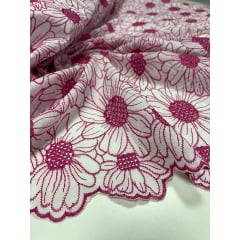 Layse Bordada Bicolor Margaridas Fundo Branco Bordados em Pink