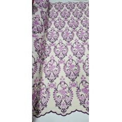 Layse Bordada Fundo Creme Bordado Roxo e Uva