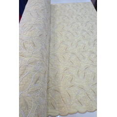 Cambraia de Algodão Bordado Cordonê Bicolor Folhagens Amarelo