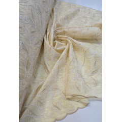 Cambraia de Algodão Bordado Cordonê Bicolor Folhagens Amarelo