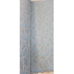 Cambraia de Algodão Bordado Cordonê Bicolor Folhagens Azul