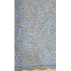 Cambraia de Algodão Bordado Cordonê Bicolor Folhagens Azul