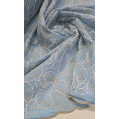 Cambraia de Algodão Bordado Cordonê Bicolor Folhagens Azul