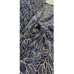 Cambraia de Algodão Bordado Cordonê Bicolor Folhagens Azul Marinho