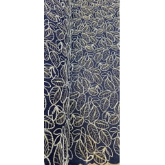 Cambraia de Algodão Bordado Cordonê Bicolor Folhagens Azul Marinho