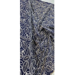 Cambraia de Algodão Bordado Cordonê Bicolor Folhagens Azul Marinho