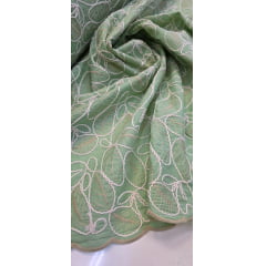 Cambraia de Algodão Bordado Cordonê Bicolor Folhagens Verde