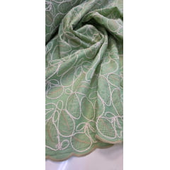 Cambraia de Algodão Bordado Cordonê Bicolor Folhagens Verde