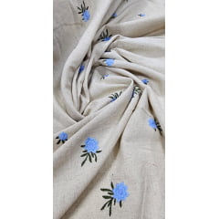 Linho Trovata Natural Bordado Flores Azul Serenity