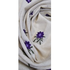 Linho Trovata Natural Bordado Flores Roxa