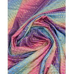 Malha Sereia Colorida com Escamas Douradas