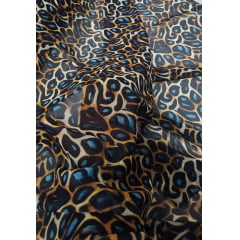Mousseline Toque de Seda Digital Estampada Animal Print Onça Azul