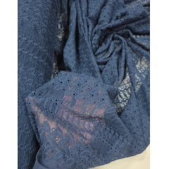 Mousseline Palha de Seda Bordada Mini Folhas Parma Azul Petróleo