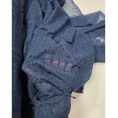 Mousseline Palha de Seda Bordada Mini Folhas Parma Azul Petróleo