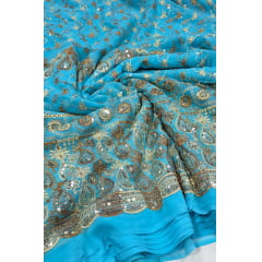 Mousseline Toque de Seda Bordada Indiana Azul Turquesa ST04