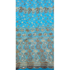 Mousseline Toque de Seda Bordada Indiana Azul Turquesa ST04