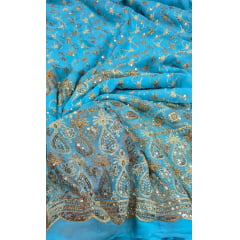Mousseline Toque de Seda Bordada Indiana Azul Turquesa ST04