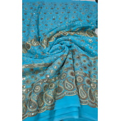 Mousseline Toque de Seda Bordada Indiana Cachemire Azul Turquesa