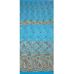 Mousseline Toque de Seda Bordada Indiana Cachemire Azul Turquesa