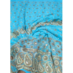 Mousseline Toque de Seda Bordada Indiana Cachemire Azul Turquesa