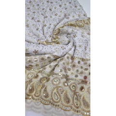 Mousseline Toque de Seda Bordada Indiana Cachemire Branco