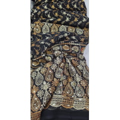 Mousseline Toque de Seda Bordada Indiana Preto ST04
