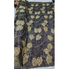 Paetê Bordado Aramado Folhagens Dourado e Preto