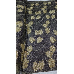 Paetê Bordado Aramado Folhagens Dourado e Preto