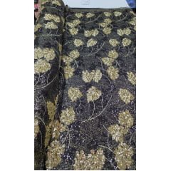 Paetê Bordado Aramado Folhagens Dourado e Preto