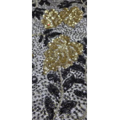 Paetê Bordado Aramado Folhagens Dourado e Preto