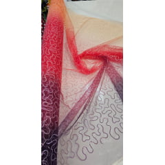 Tule Bordado Caminho Sem Fim Degradê Tons de Roxo com Laranja com Paetê