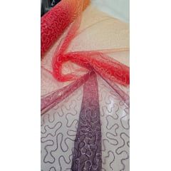 Tule Bordado Caminho Sem Fim Degradê Tons de Roxo com Laranja com Paetê