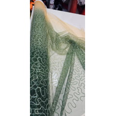 Tule Bordado Caminho Sem Fim Degradê Verde com Amarelo Mostarda com Paetê