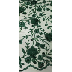 Tule Bordado com Pedrarias e Flores em 3D Verde Floresta Modelo 1011