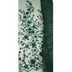 Tule Bordado com Pedrarias e Flores em 3D Verde Floresta Modelo 1011 Tule Bordado com Pedrarias e Flores em 3D Verde Floresta Modelo 1011