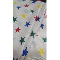 Cetim Estampado Fundo Branco Estrelas Coloridas - Largura 1,47 m x Comprimento 0,85 cm