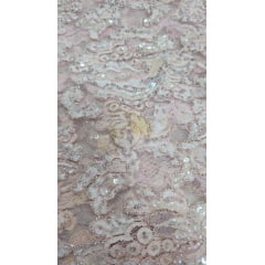 Renda tipo chantily rosê bordado com paetês e miçangas COM MANCHA - Comprimento 1,70 m x Largura 0,90 cm 